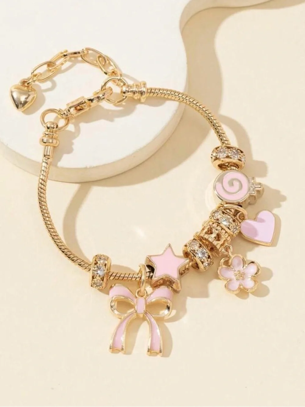Gold-Tone Pink Charm Bracelet for Kids with Enamel Hearts & Flowers